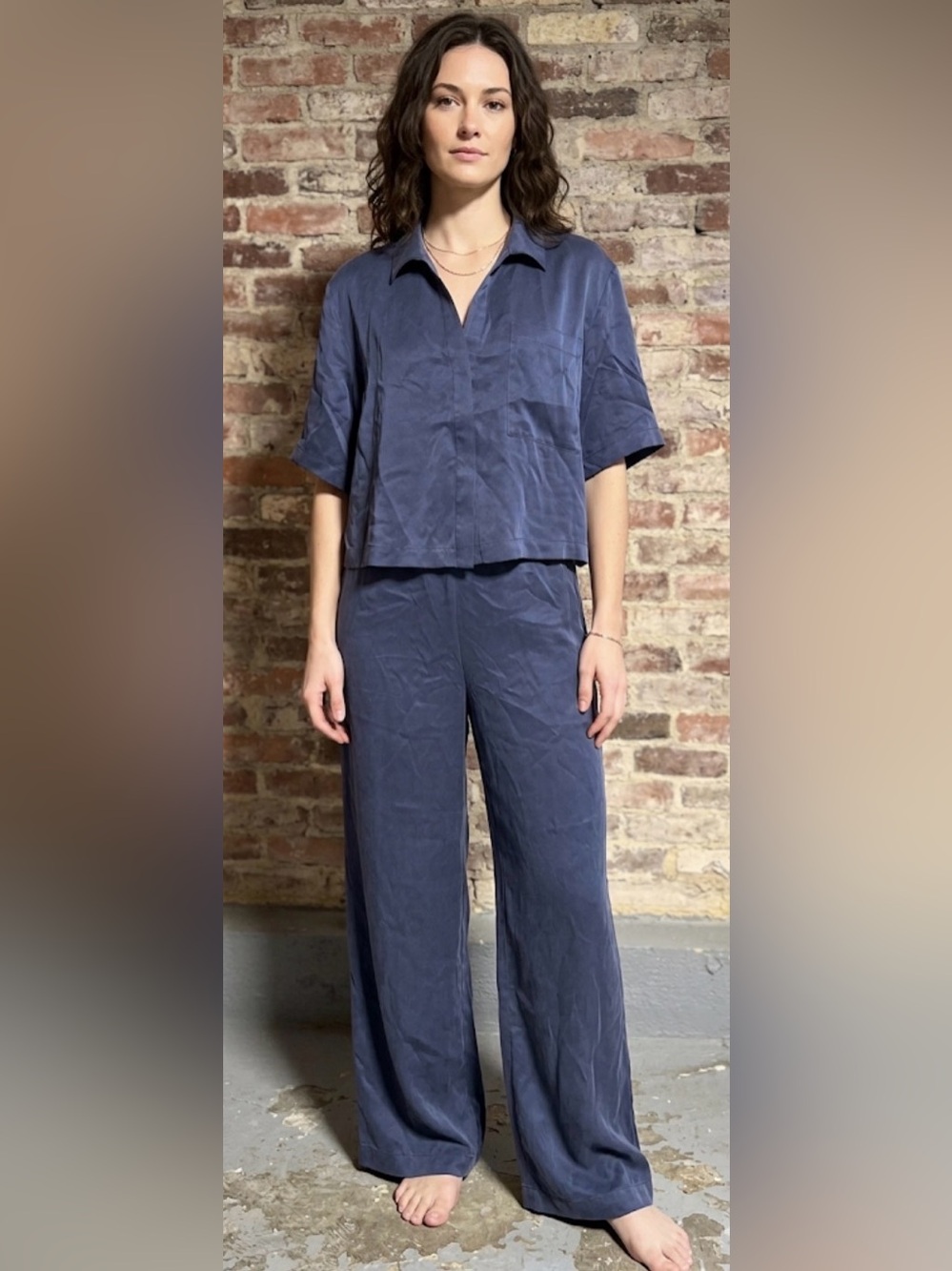 Quince 100% Washable Silk Pajama Set Navy Blue - Short Sleeve Top & Pants